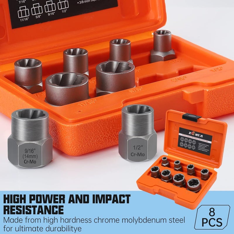 XEWEA 8PCS 3/8" Drive Impact Bolt & Nut Remover Set, Bolt Extractor Set Tool for Removing Stripped, Damaged, Rounded off and Broken Bolts & Nuts with Storage Case - Image 3